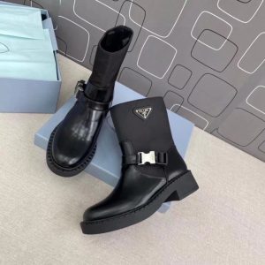 AAAA Replica Prada Women Metal Buckle Round Toe Booties