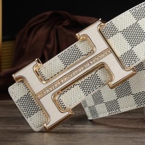 Replica Design Hermes Men H Letters Leather Rhinestones Smooth Buckle Belt