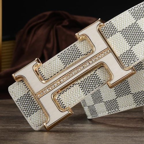 Replica Design Hermes Men H Letters Leather Rhinestones Smooth Buckle Belt