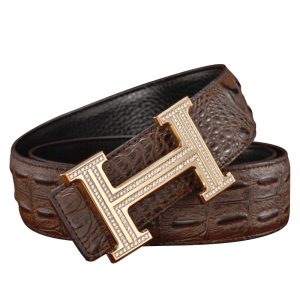 Replica Design Hermes Men Smooth H Letters Rhinestones Buckle Belt