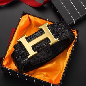 Replica Design Hermes Men Smooth H Letters Rhinestones Buckle Belt