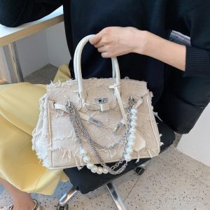 Replica Design Hermes Women Denim Platinum Canvas Kelly Handbag