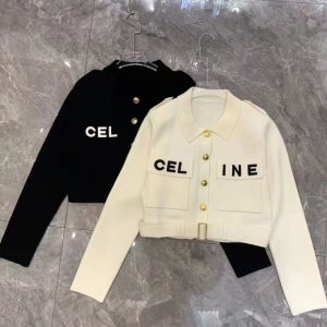 Replica Designer Celine Monogram Pocket Embroidered Metal Single Breasted Lapel Hem Belt Knit Jacket