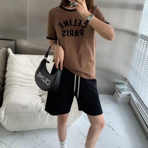Replica Designer Celine Women Flocking Letter Printing Contrast Color Casual Round Neck Short-Sleeved T-Shirt