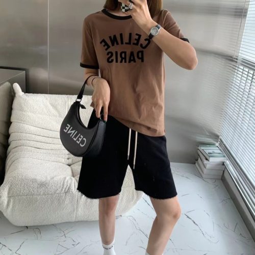 Replica Designer Celine Women Flocking Letter Printing Contrast Color Casual Round Neck Short-Sleeved T-Shirt