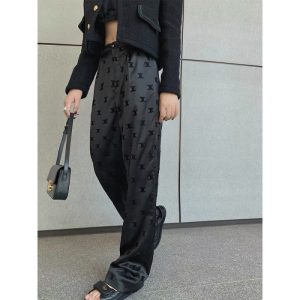 Replica Designer Celine Women Flocking Pattern Acetate Satin Wide-Leg Pants