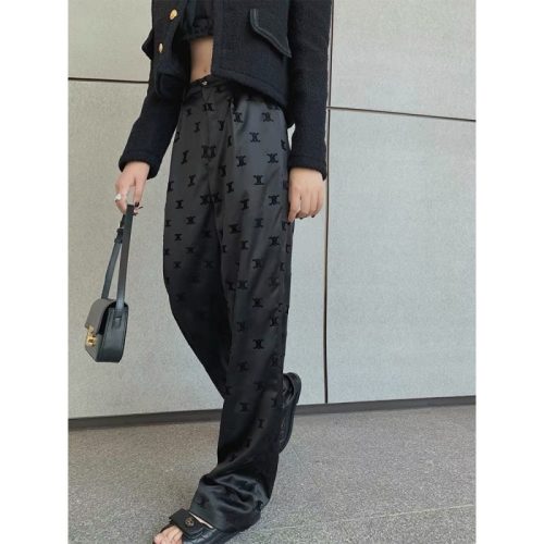 Replica Designer Celine Women Flocking Pattern Acetate Satin Wide-Leg Pants