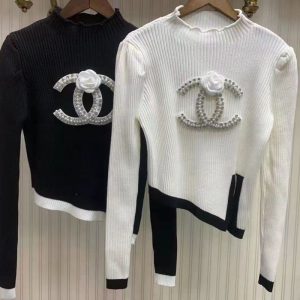Replica Designer Chanel 3D Floral Rhinestone Irregular Knitted Long-Sleeved Bottoming Shirt