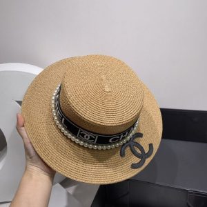 Replica Designer Chanel Classic Pearl Decortive Staw Flat Top Hat