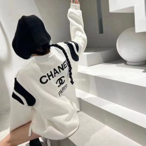 Replica Designer Chanel Contrast Letter Embroidery Loose Plus Velvet Thick Pullover Sweater