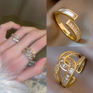 Replica Designer Chanel Fashion White Shell Decor Open Ring 2 Piece Set