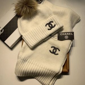 Replica Designer Chanel Fur Ball Hat + Scarf Set