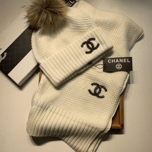 Replica Designer Chanel Fur Ball Hat + Scarf Set