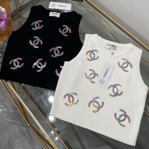 Replica Designer Chanel Laser Sequins Double C Letter Design Women Knitted Vest