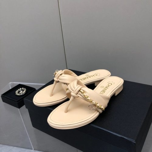 Replica Designer Chanel Leather Thong Chain Flat Slides