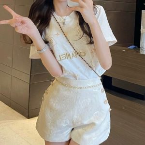 Replica Designer Chanel Letter Embroidery Round Collar T-shirt and High Waist Shorts Set