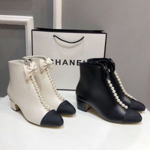 Replica Designer Chanel Pearl Bowknot Decor Thick Heel Short Boots
