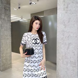 Replica Designer Chanel Round Collar Printed Women Casual Dress