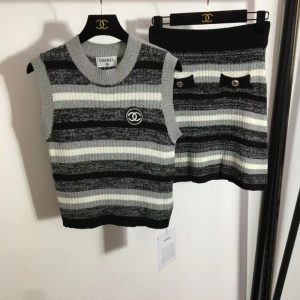 Replica Designer Chanel Sleeveless Knitted Stripe Top And Skirt 2PCS Set