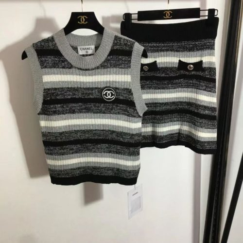 Replica Designer Chanel Sleeveless Knitted Stripe Top And Skirt 2PCS Set