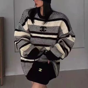 Replica Designer Chanel Twist Stripe Panel Mid-Length Loose Pullover Knit Top