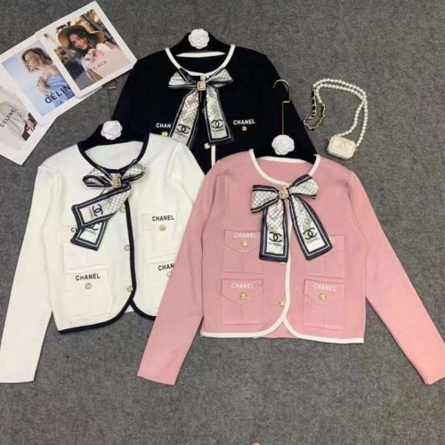 Replica Designer Chanel Women Bow Round Neck Color Matching Pocket Knitted Cardigan