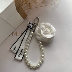 Replica Designer Chanel Women Camellia Ribbon Pearl Chain Key Chain
