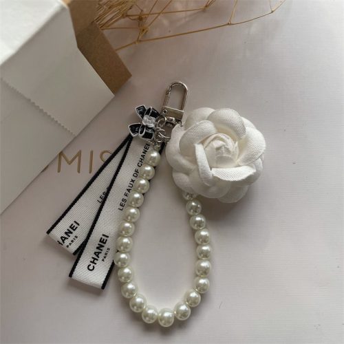 Replica Designer Chanel Women Camellia Ribbon Pearl Chain Key Chain