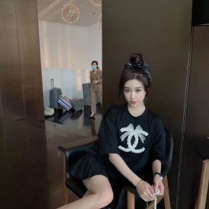 Replica Designer Chanel Women Casual Bow With Rhinestones Short-Sleeved T-Shirt