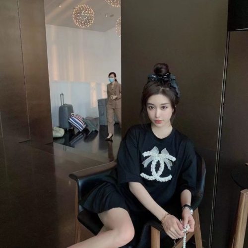 Replica Designer Chanel Women Casual Bow With Rhinestones Short-Sleeved T-Shirt