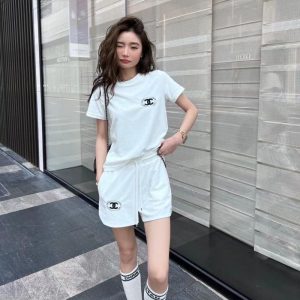Replica Designer Chanel Women Casual Double C Letter Embroidery Short-Sleeved Suit