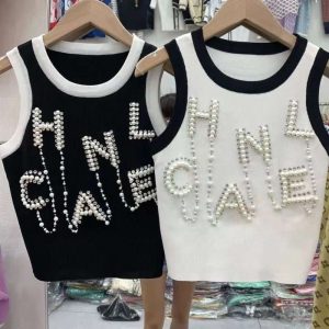 Replica Designer Chanel Women Casual Double C Letters Pearl Sleeveless Knit Vest