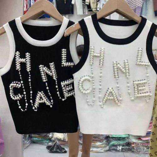 Replica Designer Chanel Women Casual Double C Letters Pearl Sleeveless Knit Vest
