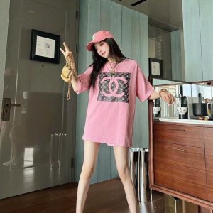 Replica Designer Chanel Women Casual Double C Letters Printing Short-Sleeved T-Shirt