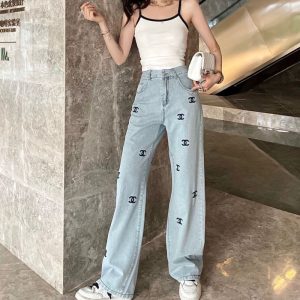 Replica Designer Chanel Women Casual Embroidery Double C Letters Straight Jeans