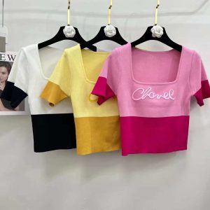 Replica Designer Chanel Women Color Matching Letter C Short-Sleeved Ice Silk T-Shirt