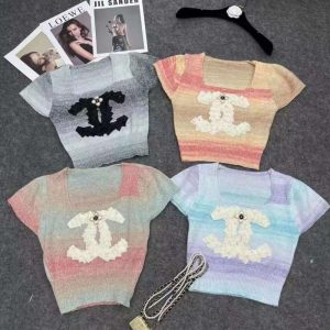 Replica Designer Chanel Women Color Matching Square Collar Letters Short-Sleeved Thin Beaded T-Shirt