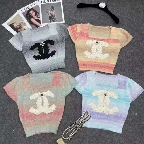 Replica Designer Chanel Women Color Matching Square Collar Letters Short-Sleeved Thin Beaded T-Shirt