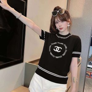 Replica Designer Chanel Women Doble C Letters Jacquard Short-Sleeved LIce Silk T-Shirt