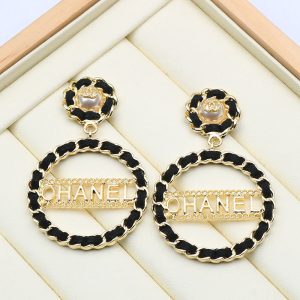 Replica Designer Chanel Women Double C Corduroy Braided Pearl Geometric Earrings