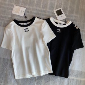 Replica Designer Chanel Women Double C Embroidery Short-Sleeved T-Shirt