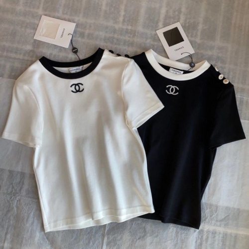 Replica Designer Chanel Women Double C Embroidery Short-Sleeved T-Shirt