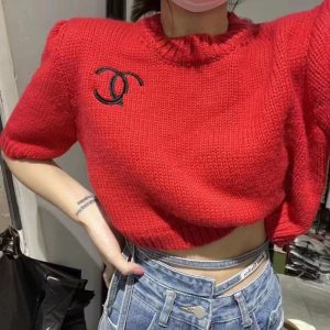 Replica Designer Chanel Women Double C Letters Embroidery Short-Sleeved Round Neck Knitted Sweater
