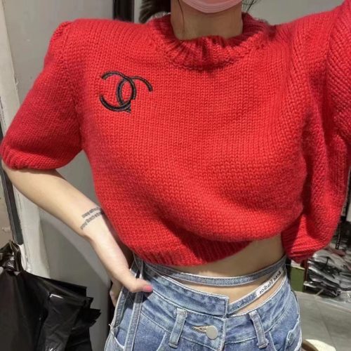 Replica Designer Chanel Women Double C Letters Embroidery Short-Sleeved Round Neck Knitted Sweater