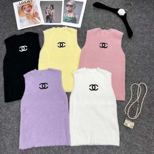 Replica Designer Chanel Women Double C Letters Embroidery Sleeveless Knitted Top
