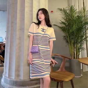 Replica Designer Chanel Women Double C Letters Embroidery Stripe Knitted Loose Short-Sleeved Dress