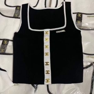 Replica Designer Chanel Women Double C Letters Metal Button Knitted Vest