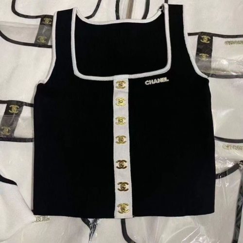 Replica Designer Chanel Women Double C Letters Metal Button Knitted Vest