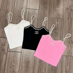 Replica Designer Chanel Women Double C Letters Pearl Knitted Camisole