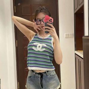 Replica Designer Chanel Women Double C Letters Rainbow Stripe Sleeveless Knitted Camisole